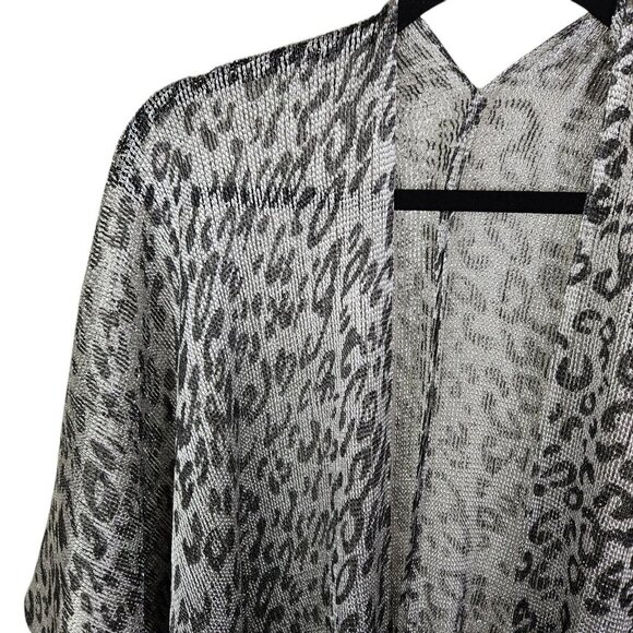 Leopard Print Silver Fringe Shawl Kimono Cover up Mesh Open Front One Size - Picture 4 of 12